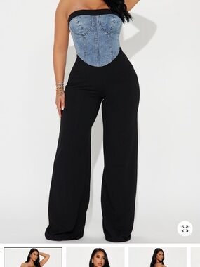 Fashion Nova Light Blue Denim-Look Bustier with Black Wide Leg Pants Jumpsuit